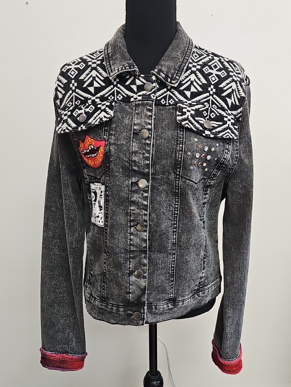 "Coastal Goth" Womens Upcycled Black Acid-Wash Denim Jacket with Aztec Yoke